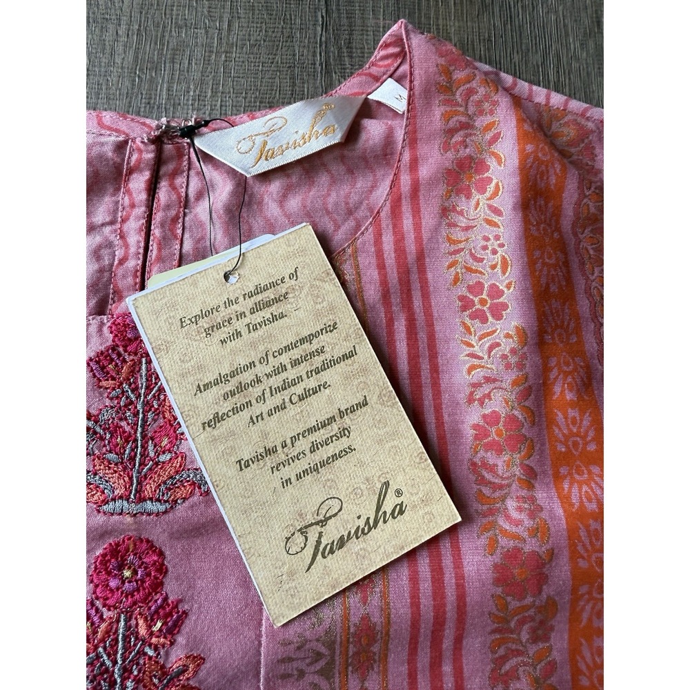 Tanisha Women's Pink Gold Floral Print Regular A-line Kurta Top Only Size Medium - Picture 7 of 11